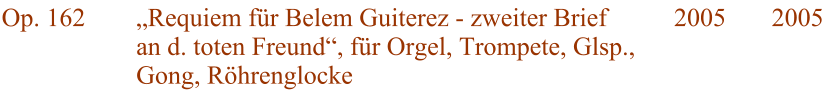 Op. 162 Requiem fr Belem Guiterez - zweiter Brief an d. toten Freund, fr Orgel, Trompete, Glsp., Gong, Rhrenglocke 2005 2005
